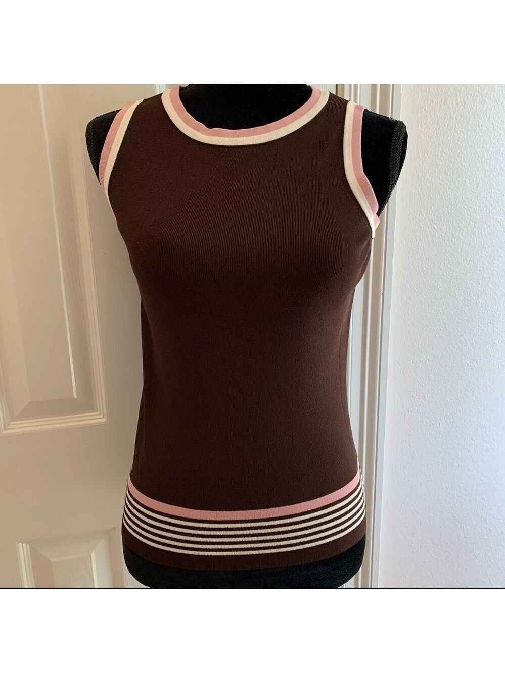Chocolate Brown Tank Top Sleeveless Shell Spring Summer Contrast Stripe
